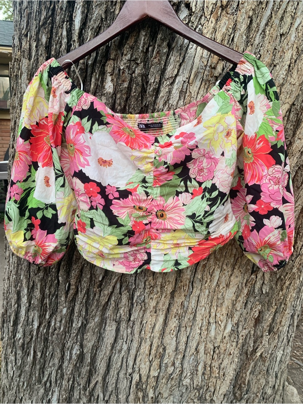 Zara Pink, Black & Green Floral Puff-Sleeve Crop Top